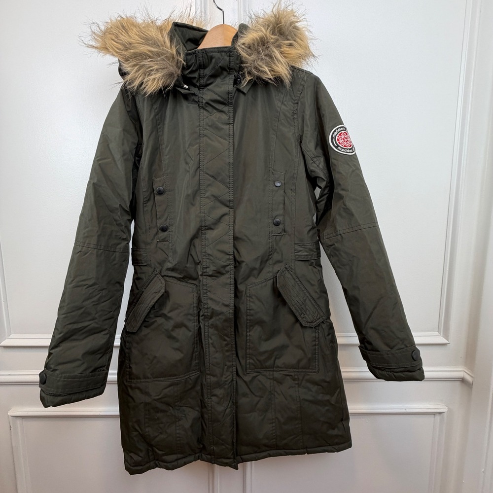Madden Girl Womens Faux Fur Hooded Parka Jacket Olive Green Utility Coat